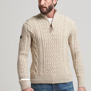 Superdry Men's Cream Cable Zip-Neck Knit Sweater